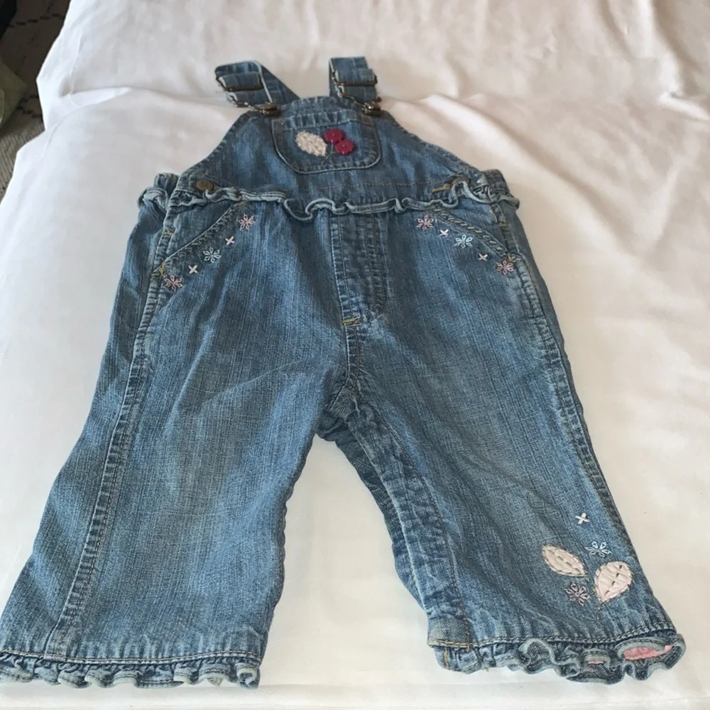 Gently Loved Lined Ruffled Embroidered Overalls by Baby Gap..